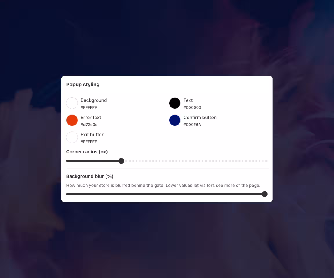 Consentmo Age Gate design settings for popup colors, corner radius, and background blur.