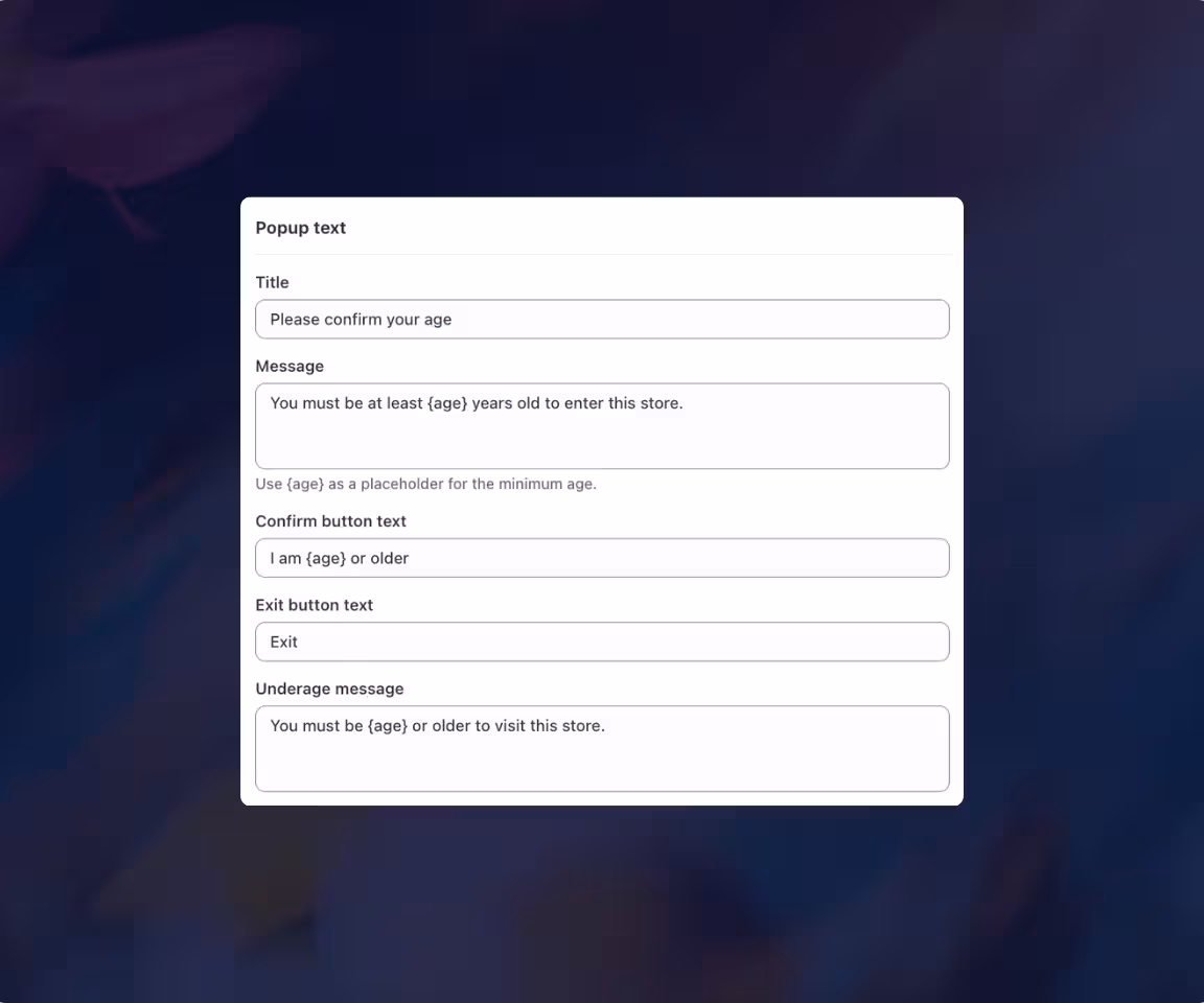 Consentmo Age Gate settings for customizing the verification title, message, buttons, and underage message.