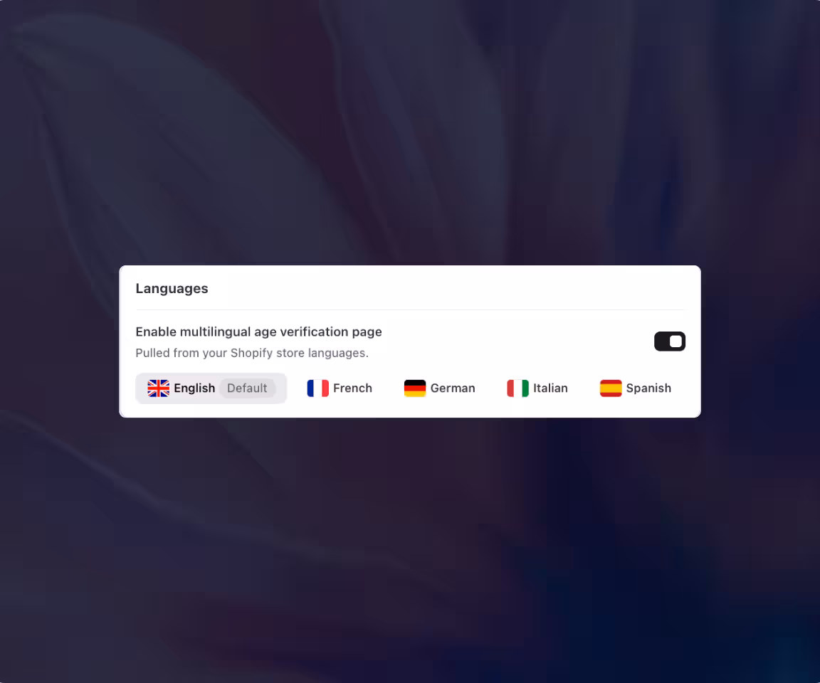 Consentmo multilingual Age Gate settings using languages enabled in the Shopify store.