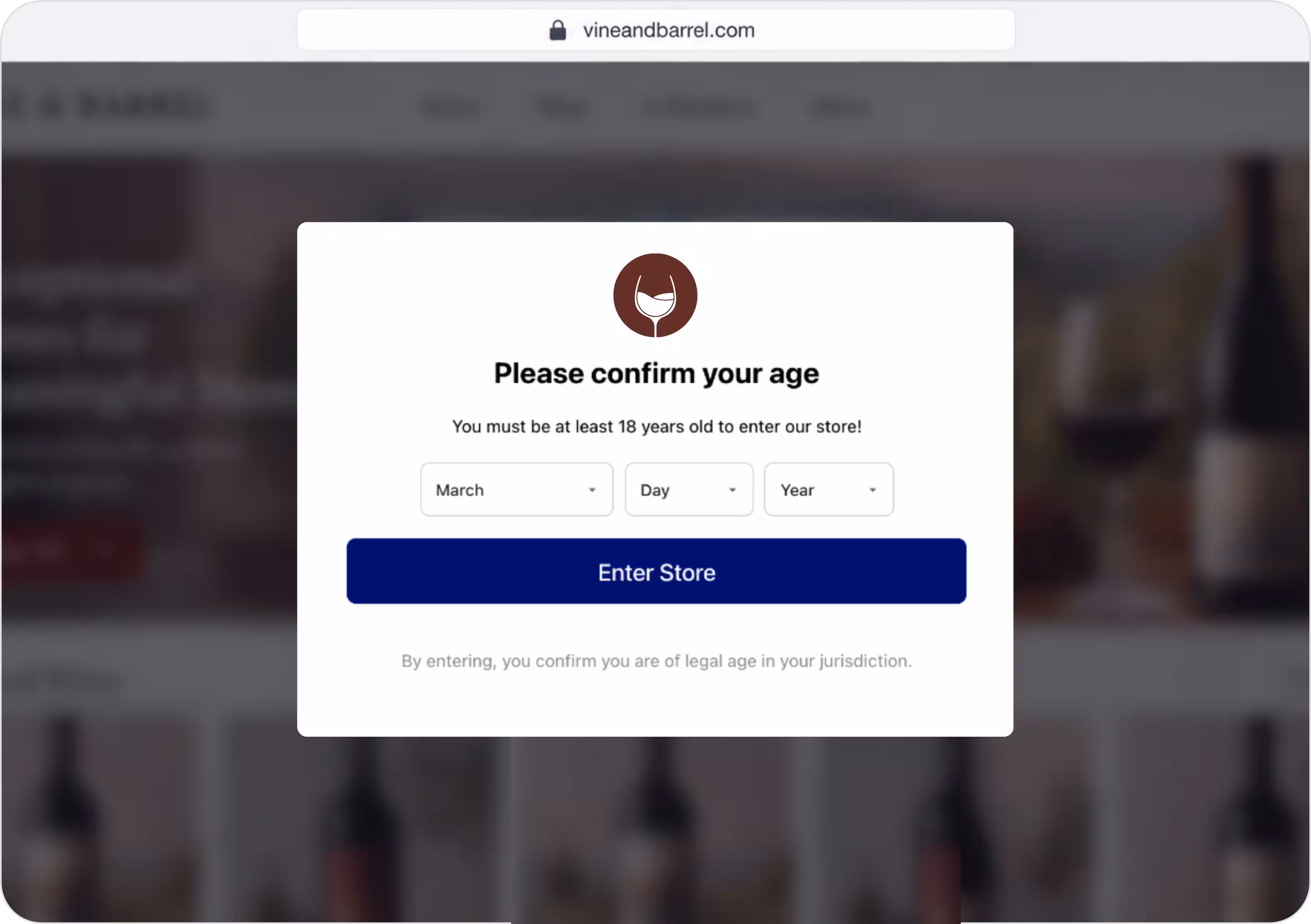 Consentmo Age Gate asking visitors to enter their date of birth to confirm they meet the store’s minimum age requirement.