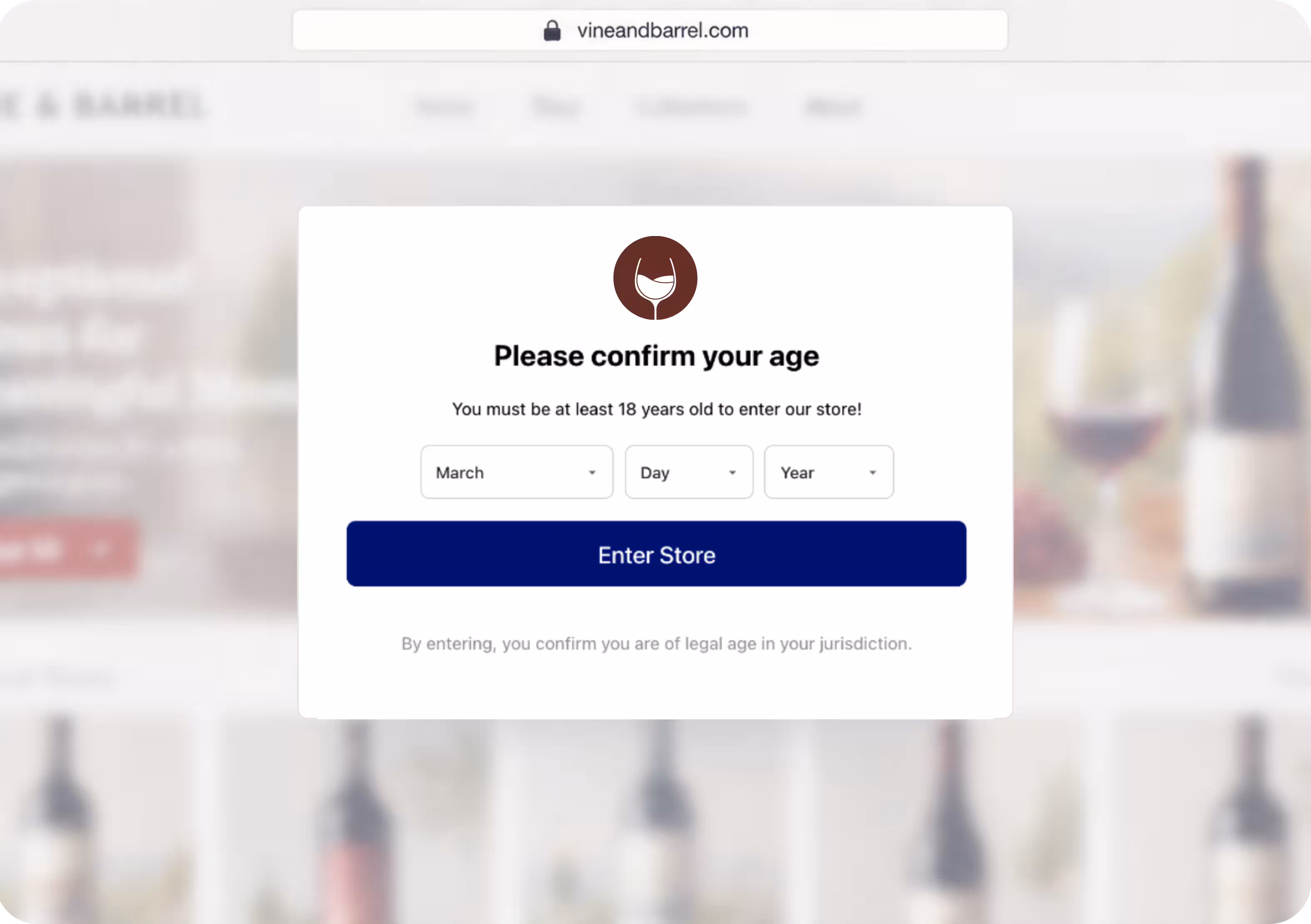 Consentmo Age Gate asking visitors to enter their date of birth to confirm they meet the store’s minimum age requirement.