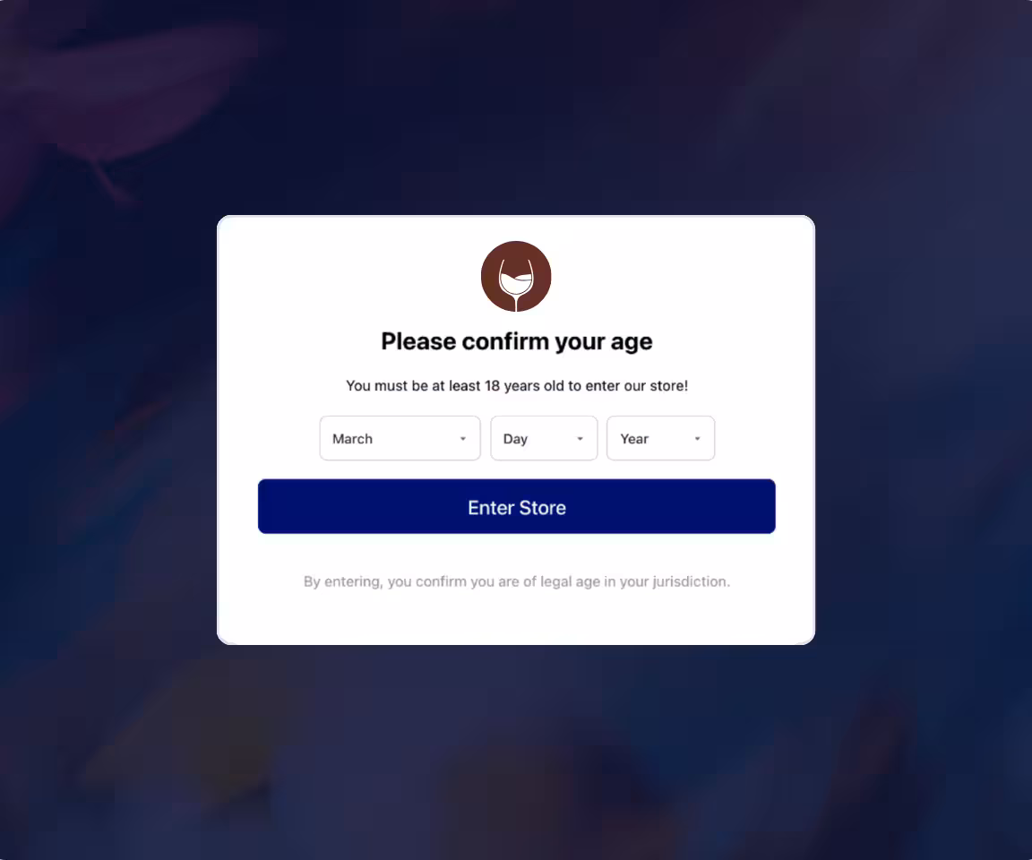 Consentmo Age Gate popup using date of birth verification to confirm visitors meet the minimum age requirement.