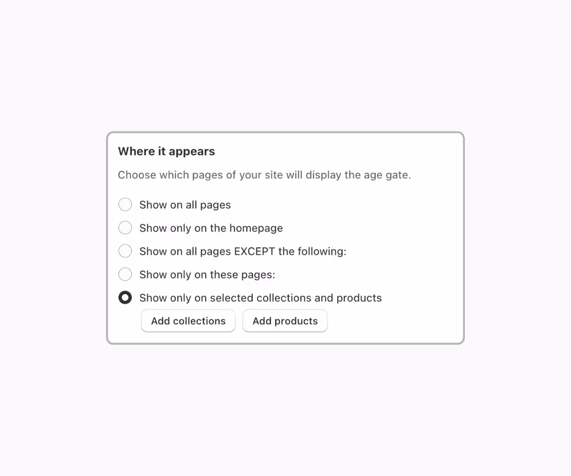 Consentmo Age Gate settings for choosing where age verification appears, including specific Shopify products and collections.