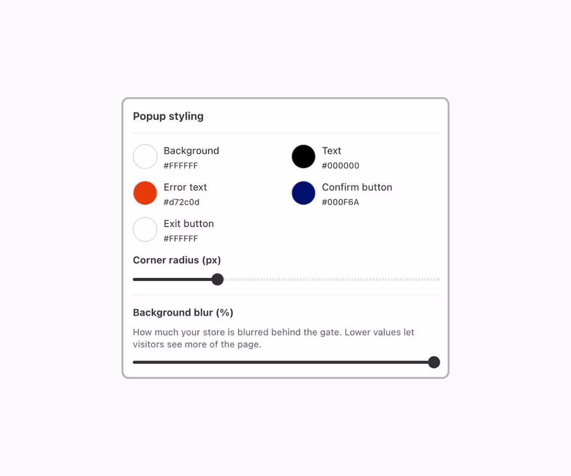 Consentmo Age Gate design settings for customizing colors, corner radius, and background blur.