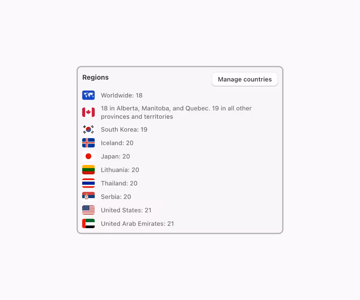 Consentmo Age Gate settings showing minimum age requirements by country and region.