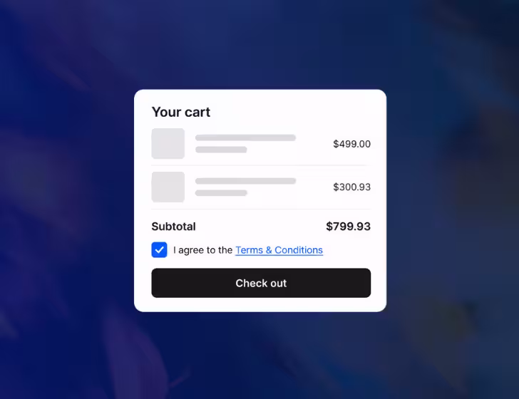 Consentmo Terms & Conditions checkbox on a Shopify cart page, allowing customers to agree to store policies before checkout.