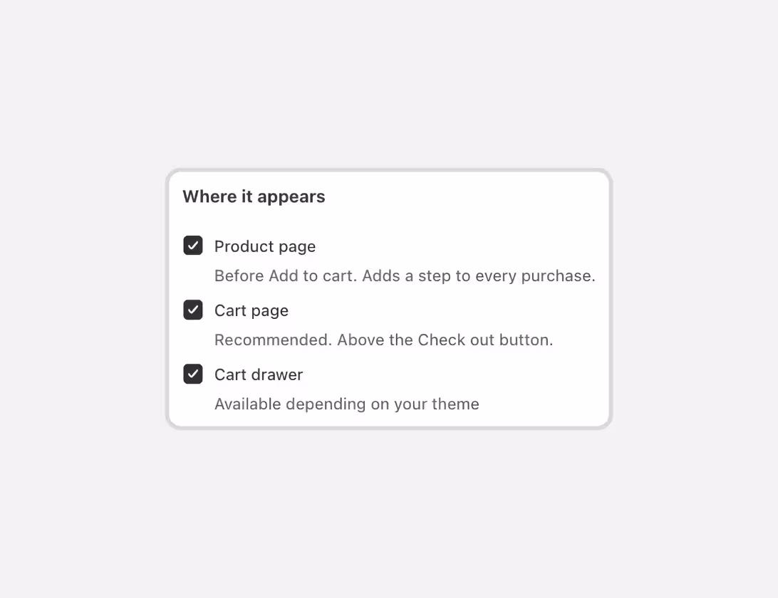 Consentmo Terms & Conditions checkbox placement settings for Shopify product pages, cart pages, and cart drawers.