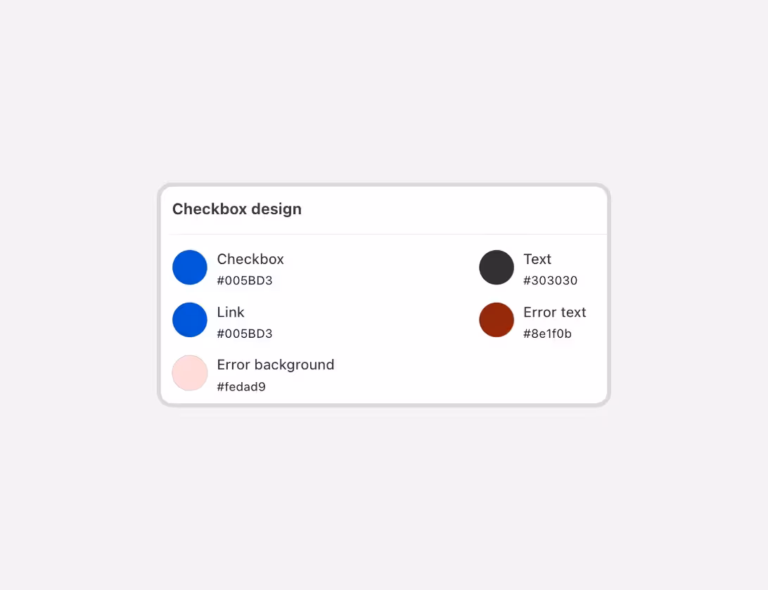Consentmo Terms & Conditions checkbox design settings for Shopify, allowing customization of checkbox, link, text, and error message colors.