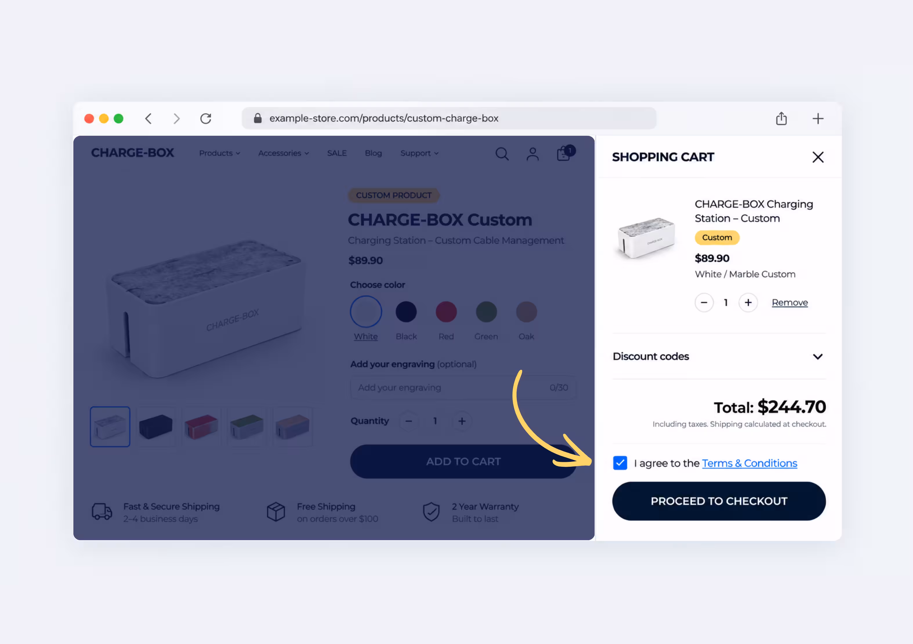 Store shopping cart drawer with a yellow arrow pointing to Consentmo’s checked “I agree to the Terms & Conditions” checkbox above the Proceed to Checkout button.