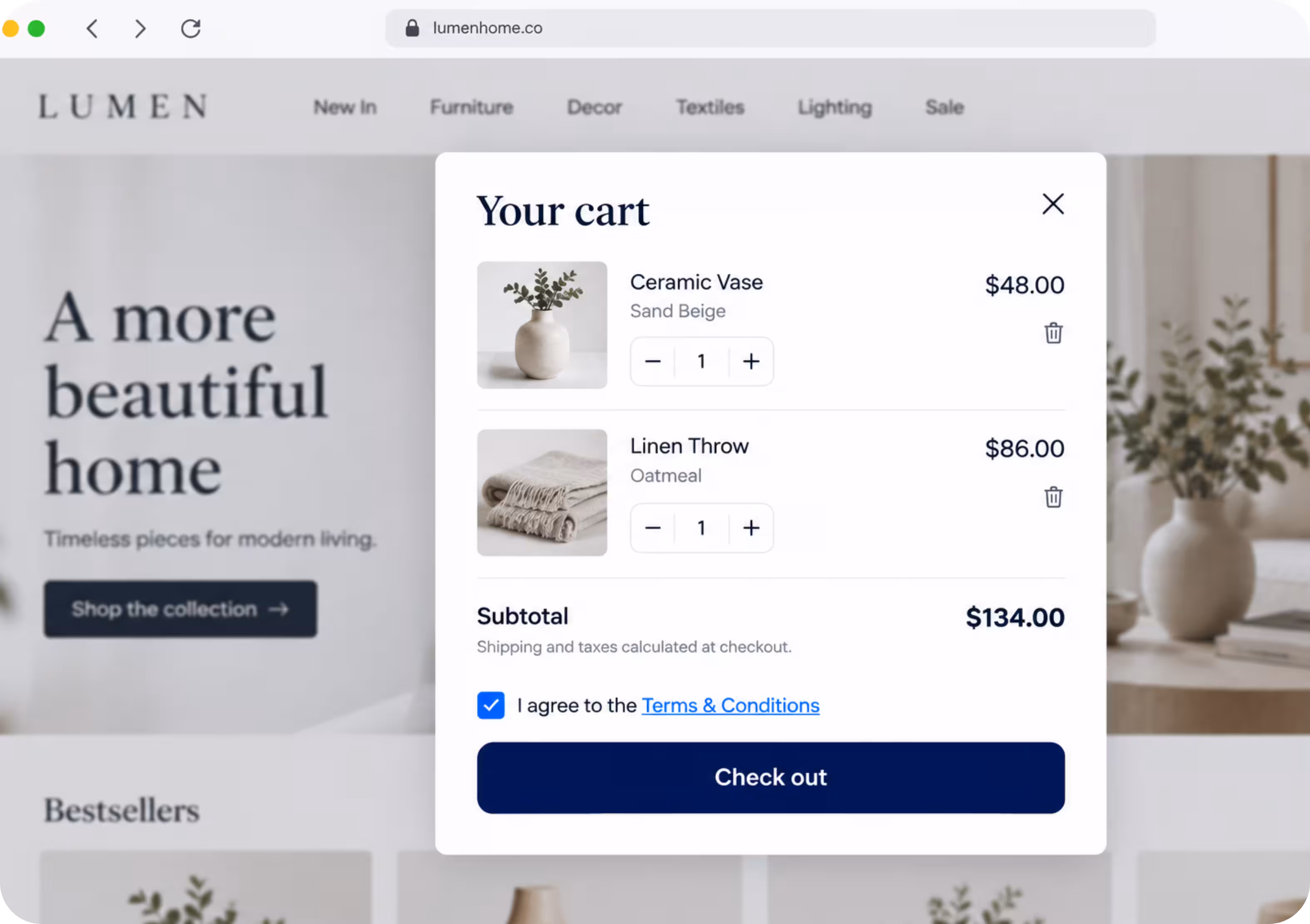 Home decor store cart popup with the Consentmo “I agree to the Terms & Conditions” checkbox checked above the Check out button.