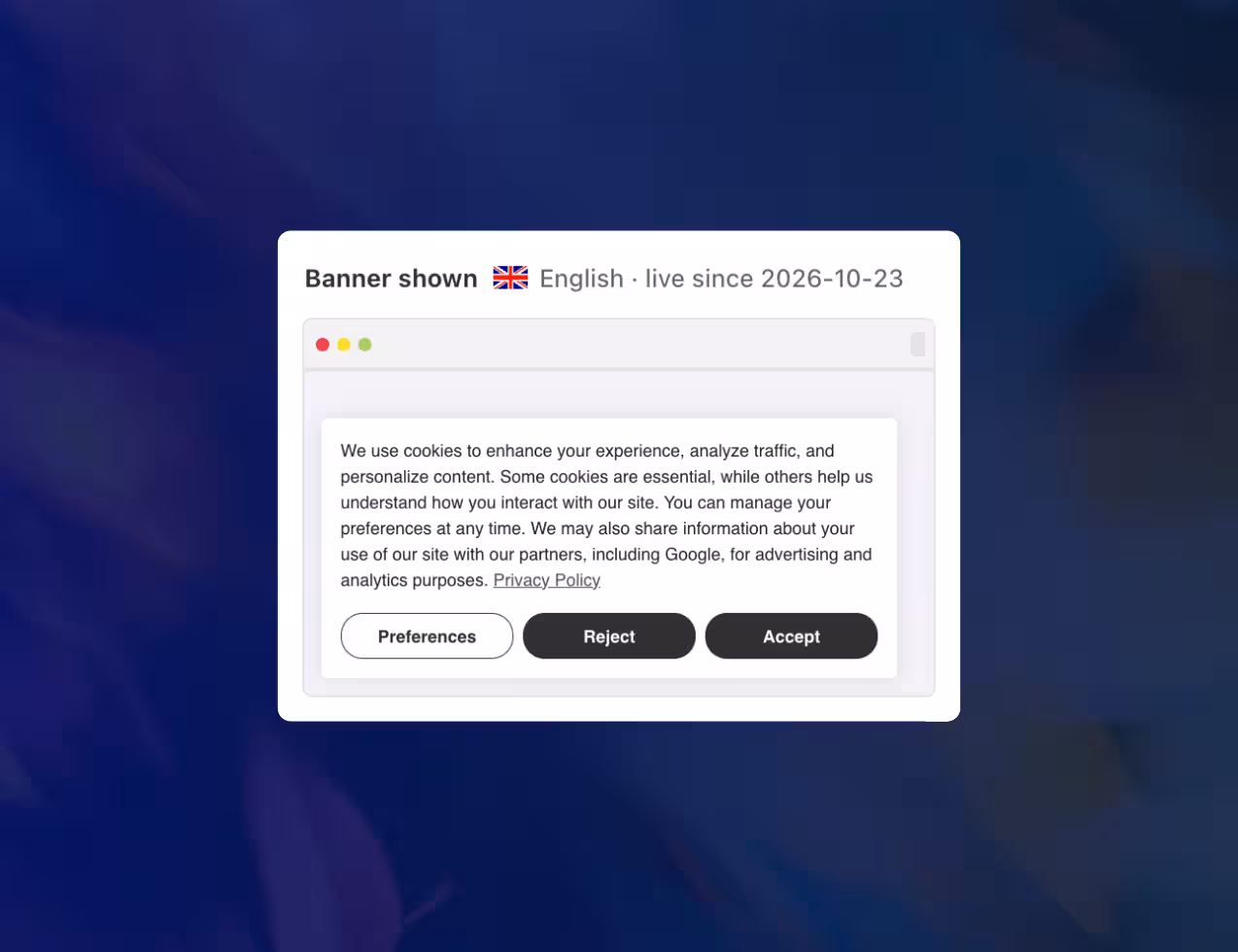 Consentmo Proof of Consent snapshot of the English cookie banner shown to the visitor, with Preferences, Reject and Accept buttons.