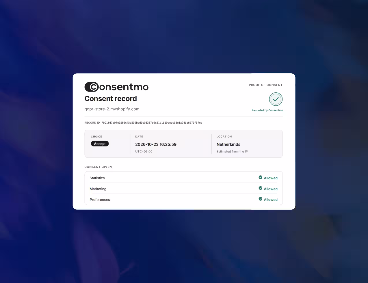 Consentmo Proof of Consent record showing an Accept choice from the Netherlands with statistics, marketing and preferences allowed.