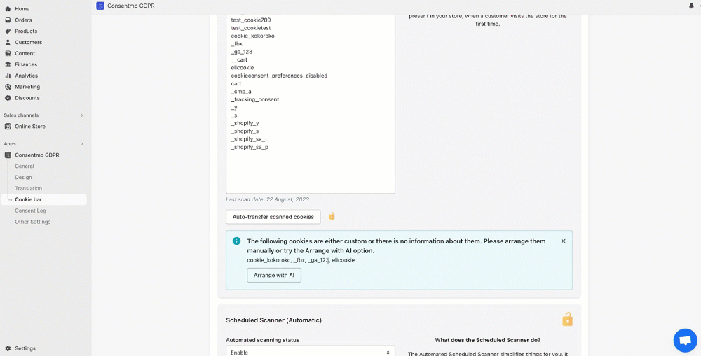 The 'Arrange with AI' feature of the Cookie Scanner