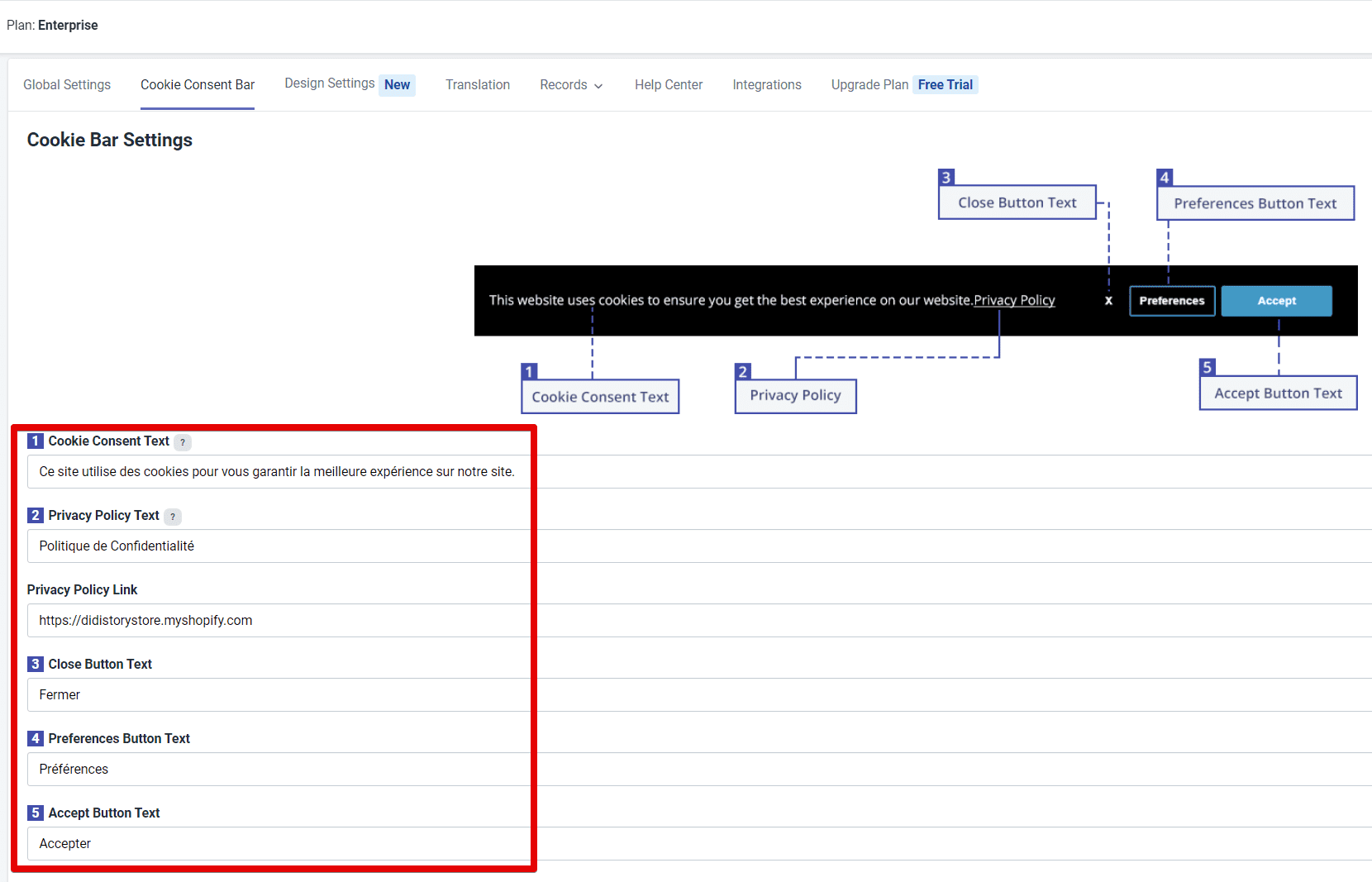 Text fields located in the Cookie Consent Bar tab will automatically be changed