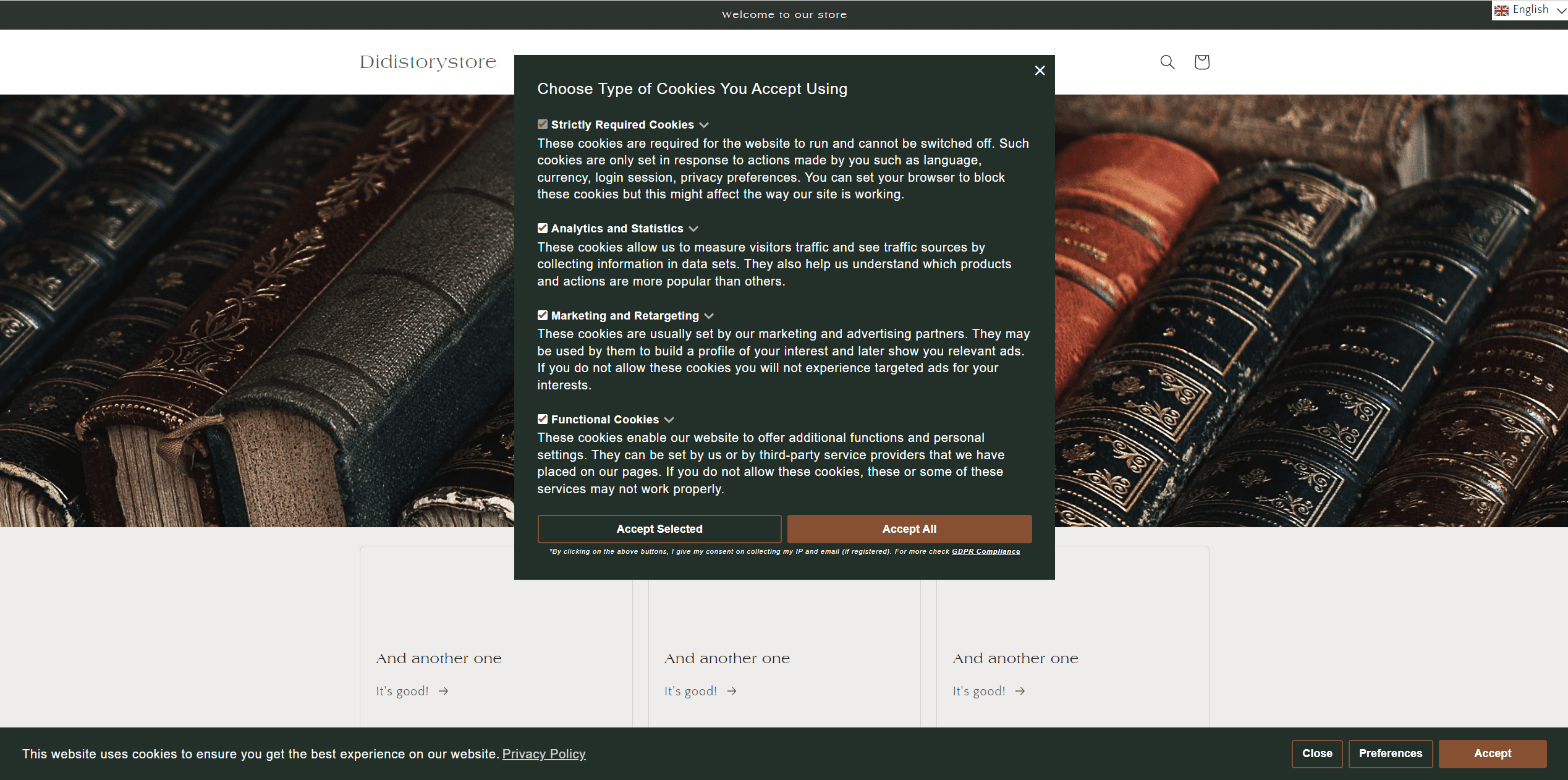 Cookie bar and Preferences popup texts in the initial set of Consentmo