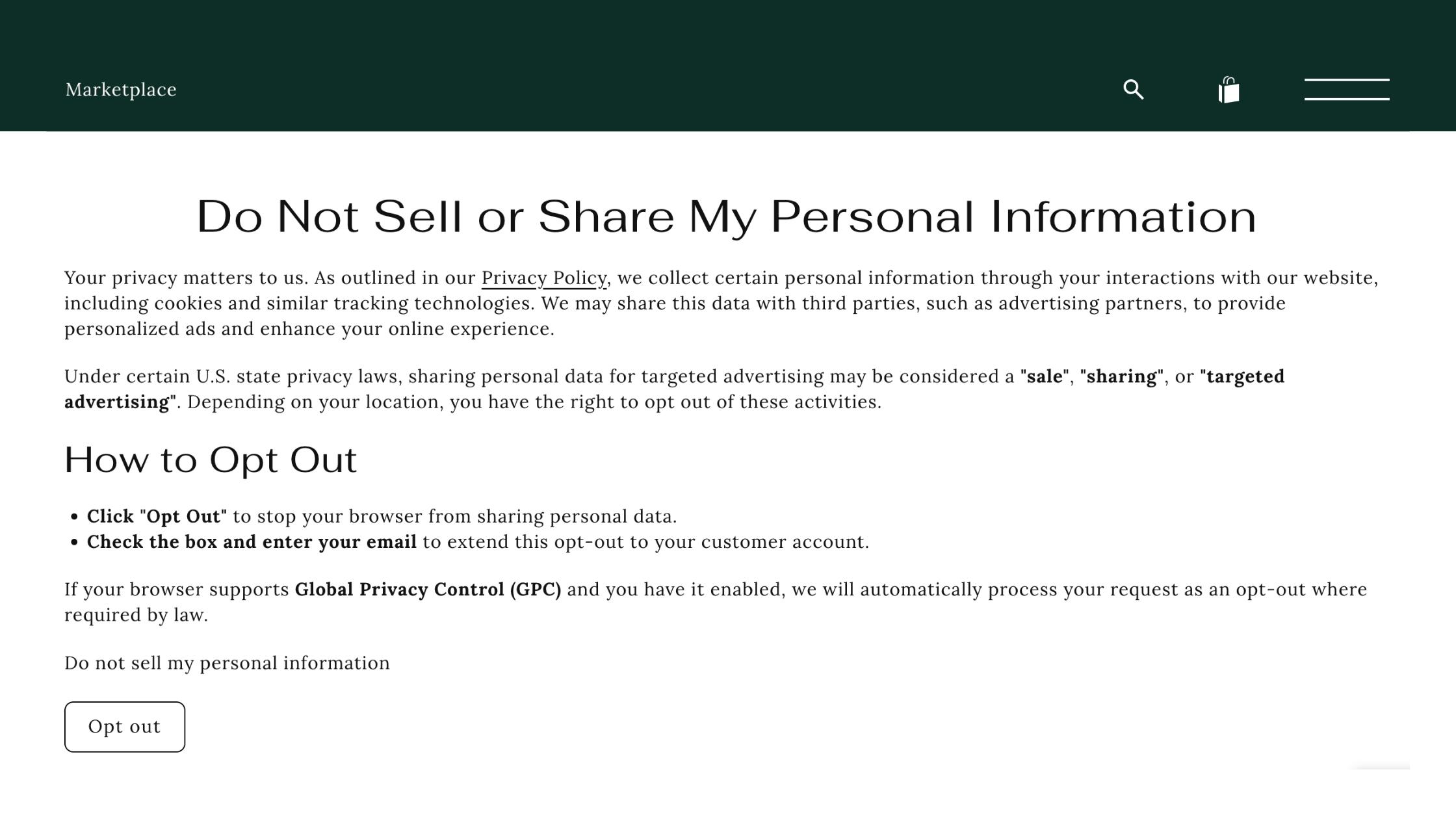 Example of Do Not Sell page from Consentmo