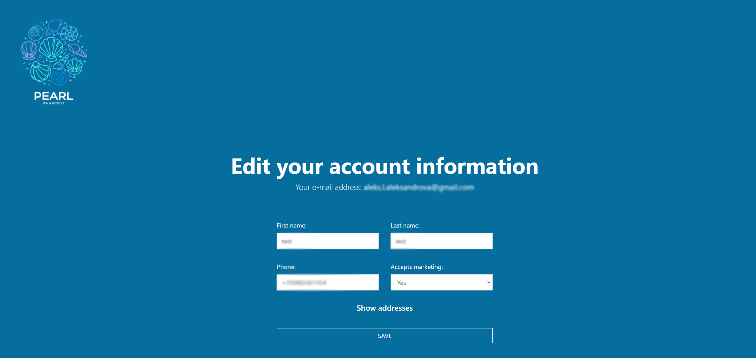 Page for changing the account information
