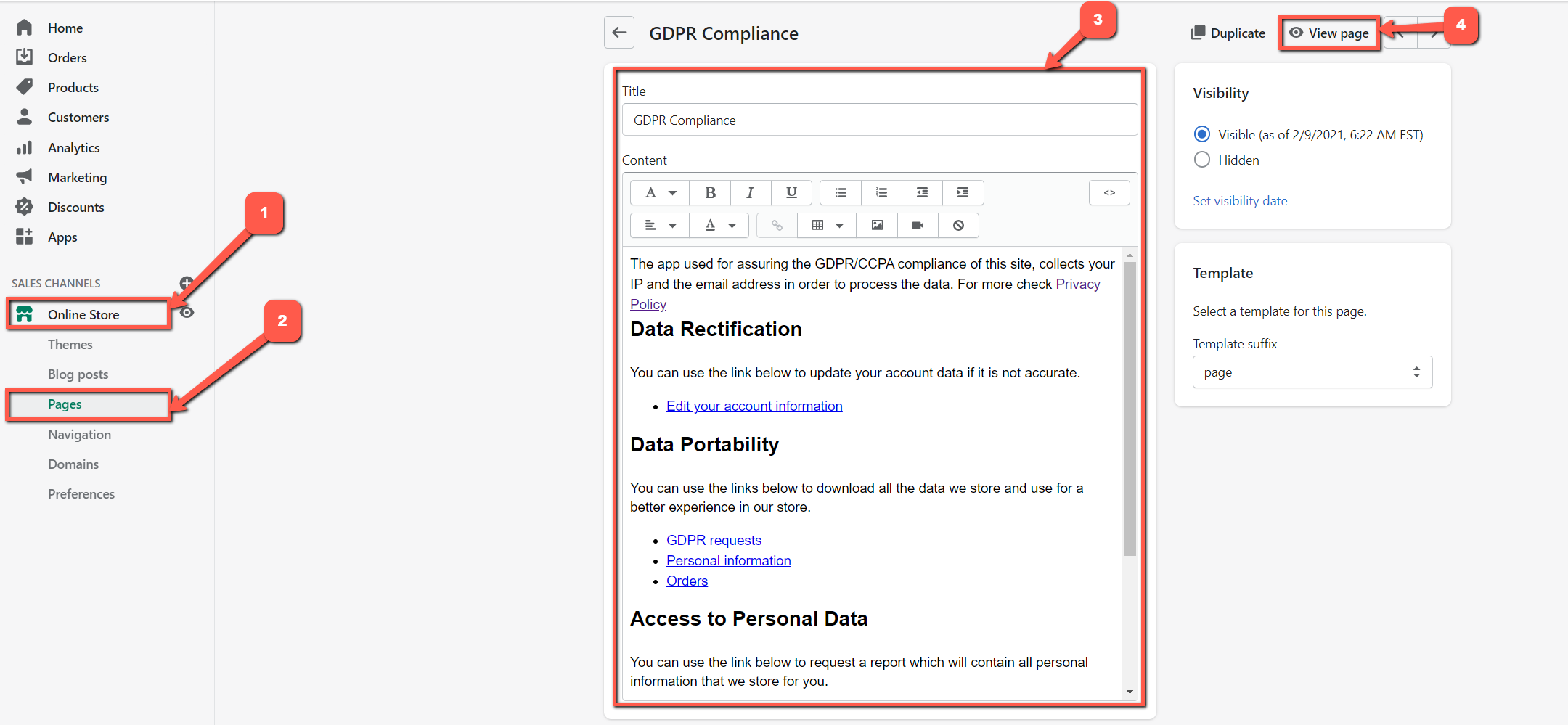 GDPR compliance page admin