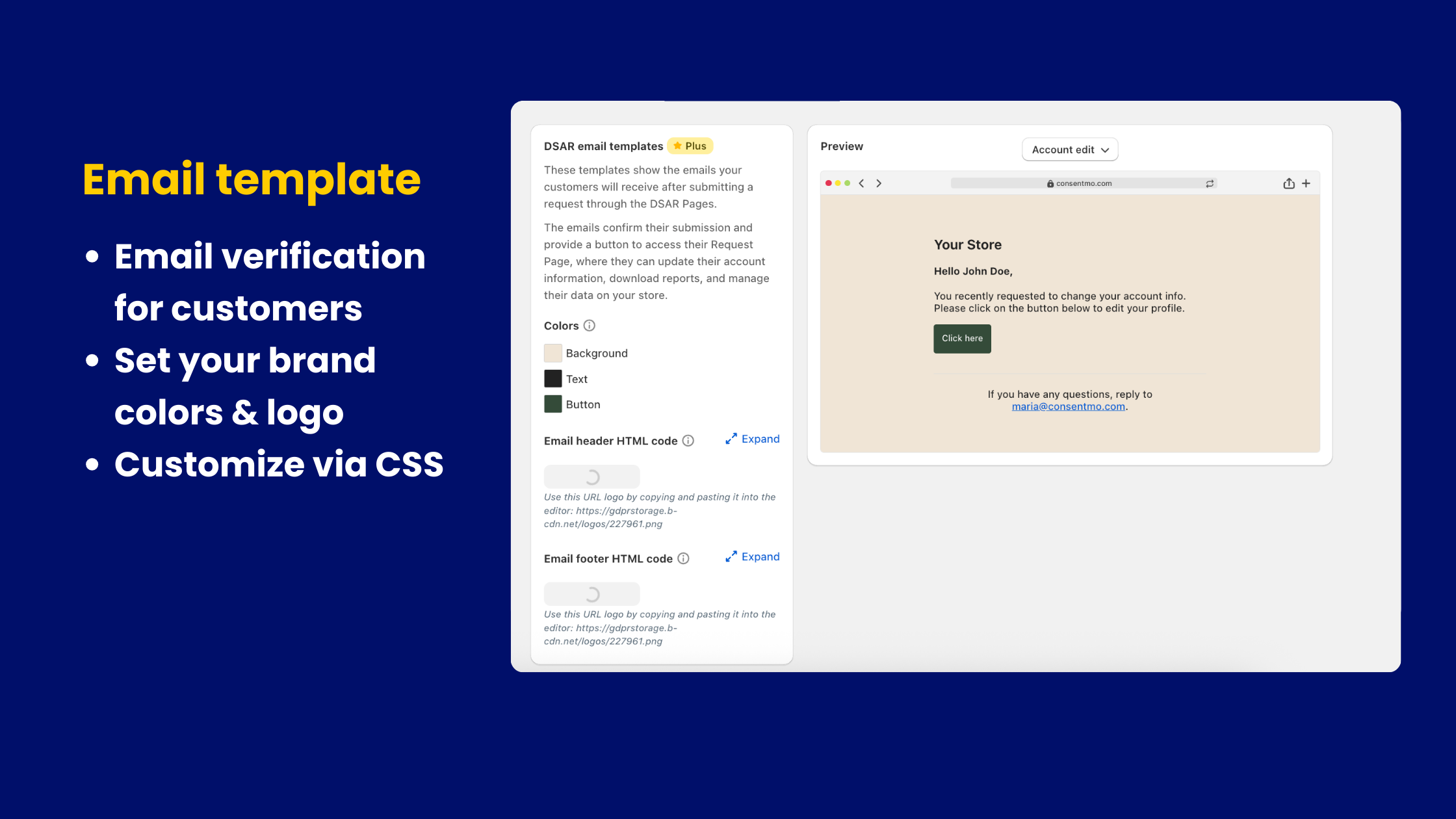 A confirmation email template with a branded “Click here” button to access the request status.
