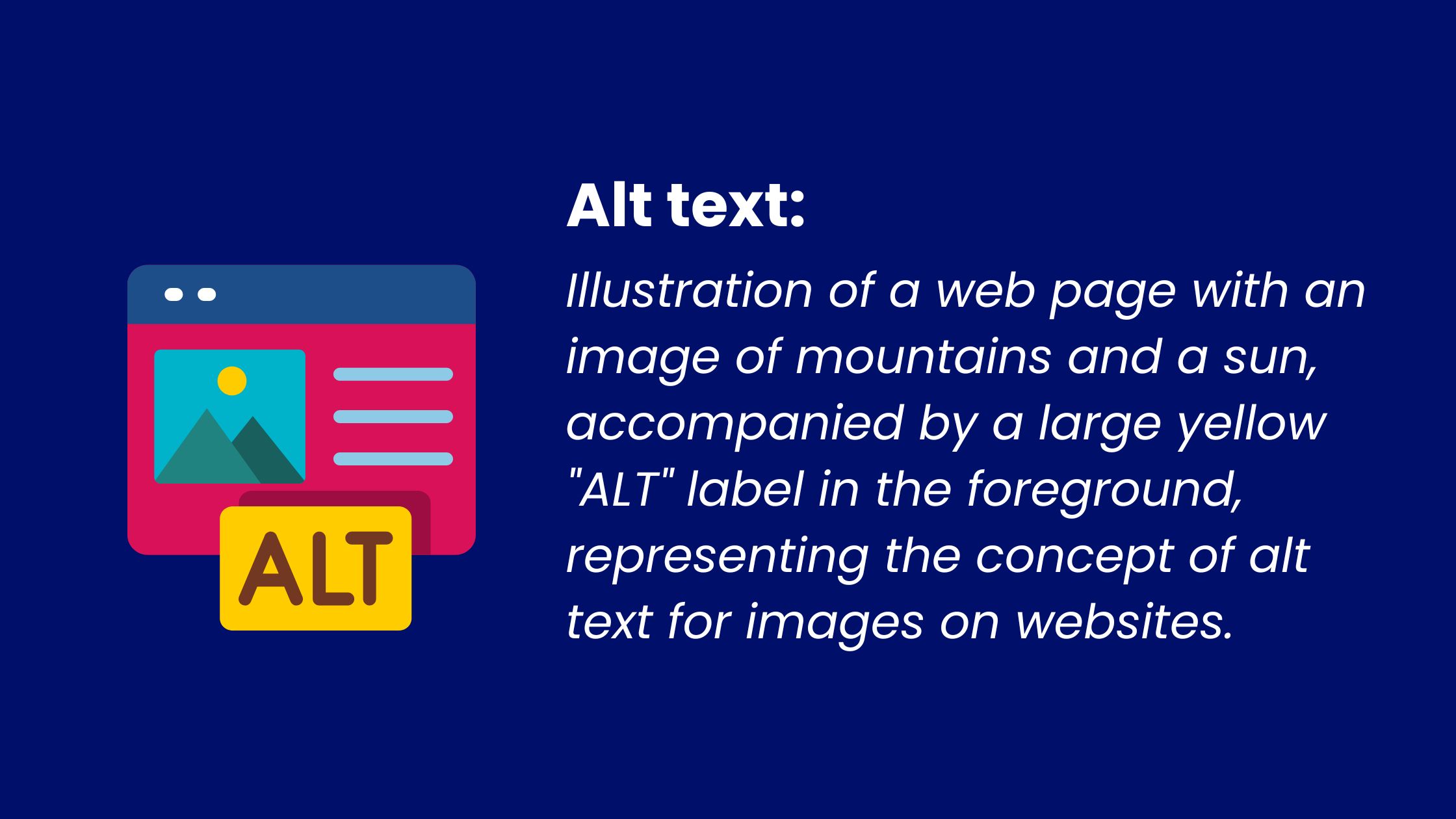 Illustration of a web page with an image of mountains and a sun, accompanied by a large yellow "ALT" label in the foreground, representing the concept of alt text for images on websites.