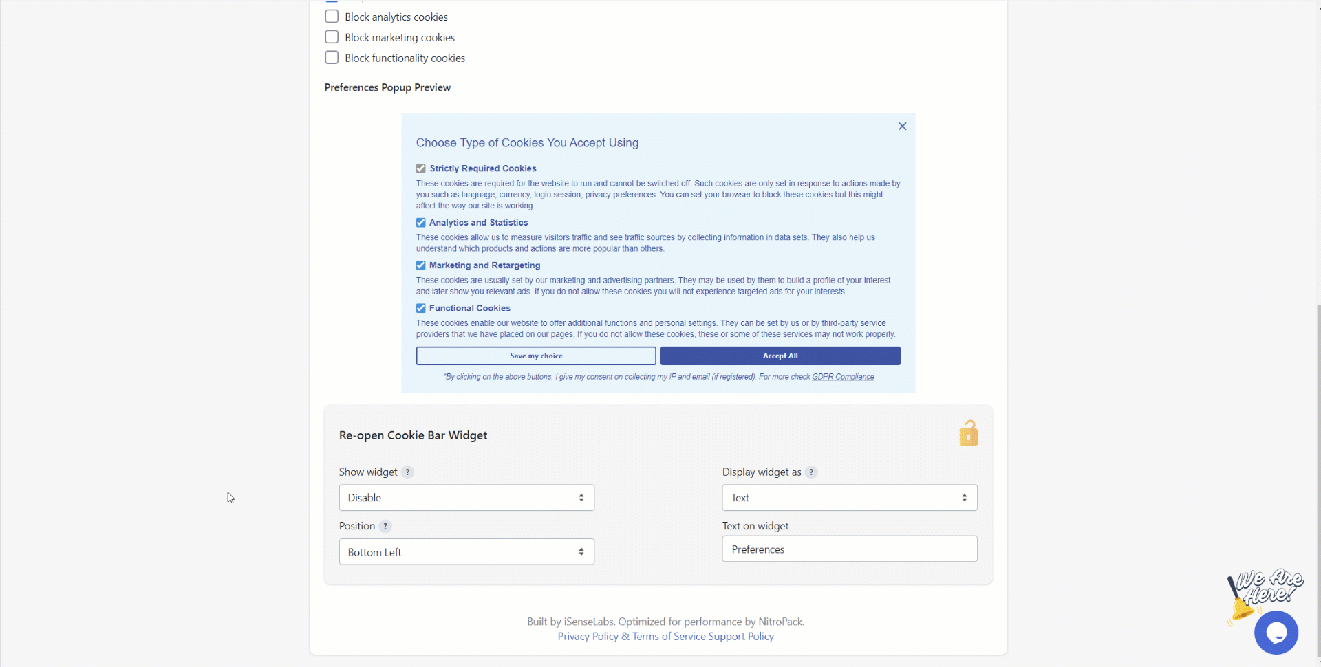 Enabling and positioning the Cookie Bar Widget