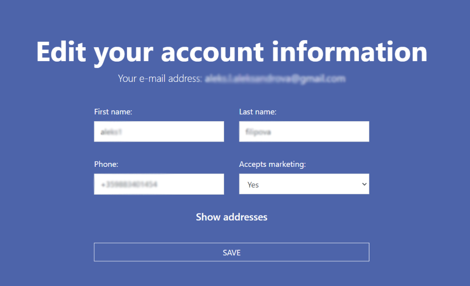 Request Page for Editing account information