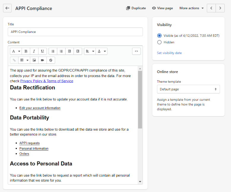 APPI Compliance page on the admin side