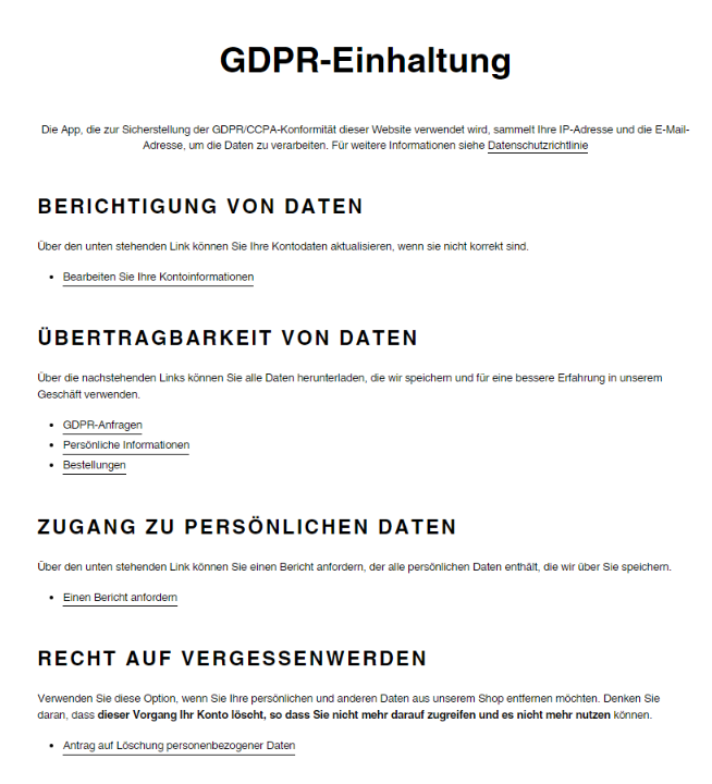 Here is how the translated GDPR Compliance page looks like