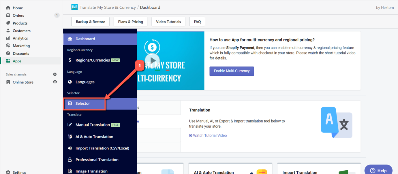 The Selector tab in the dashboard of the Translate My Store app