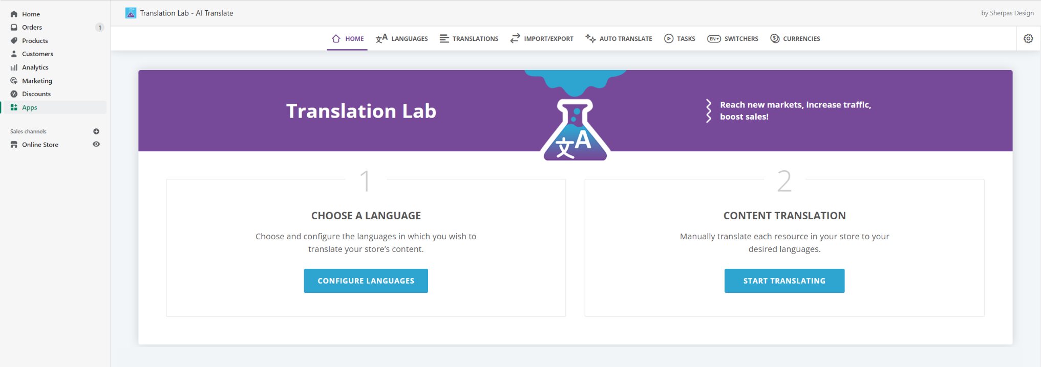 The initial steps for setting up Translation Lab - AI Translate
