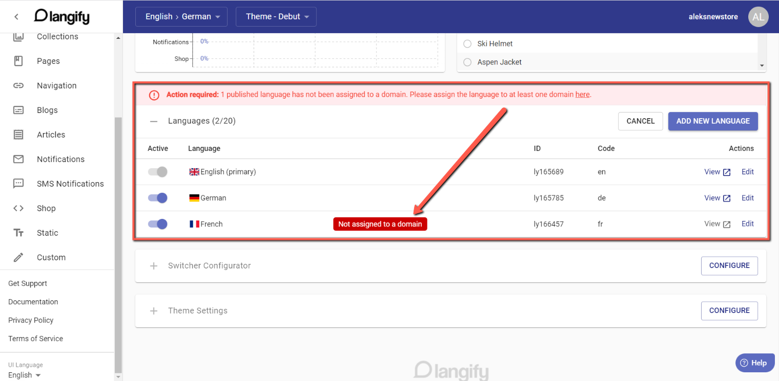 Notification message to assign the language to a domain