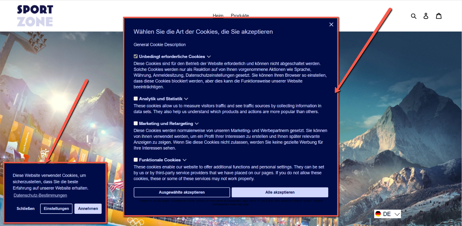 German Cookie Bar and Preferences Popup
