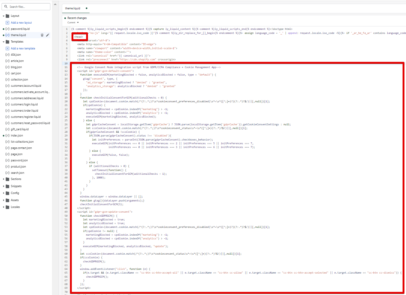 The correct placement of the script in the theme.liquid file