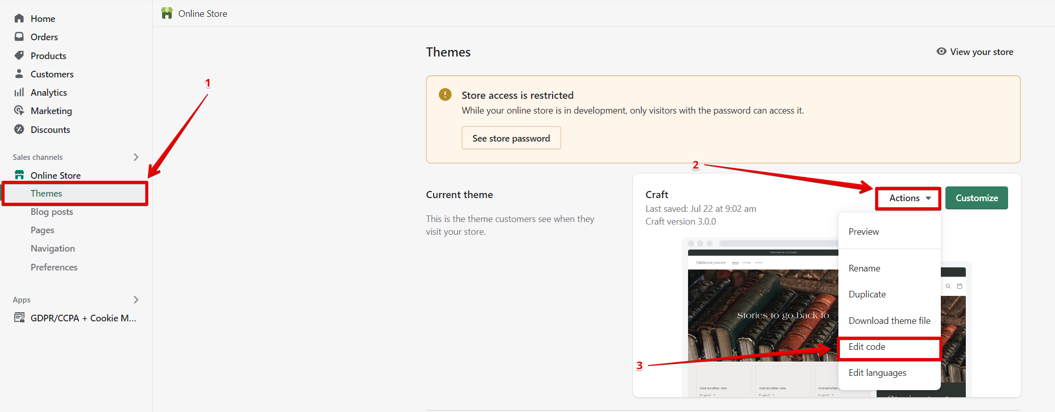 The Edit code option in Themes settings