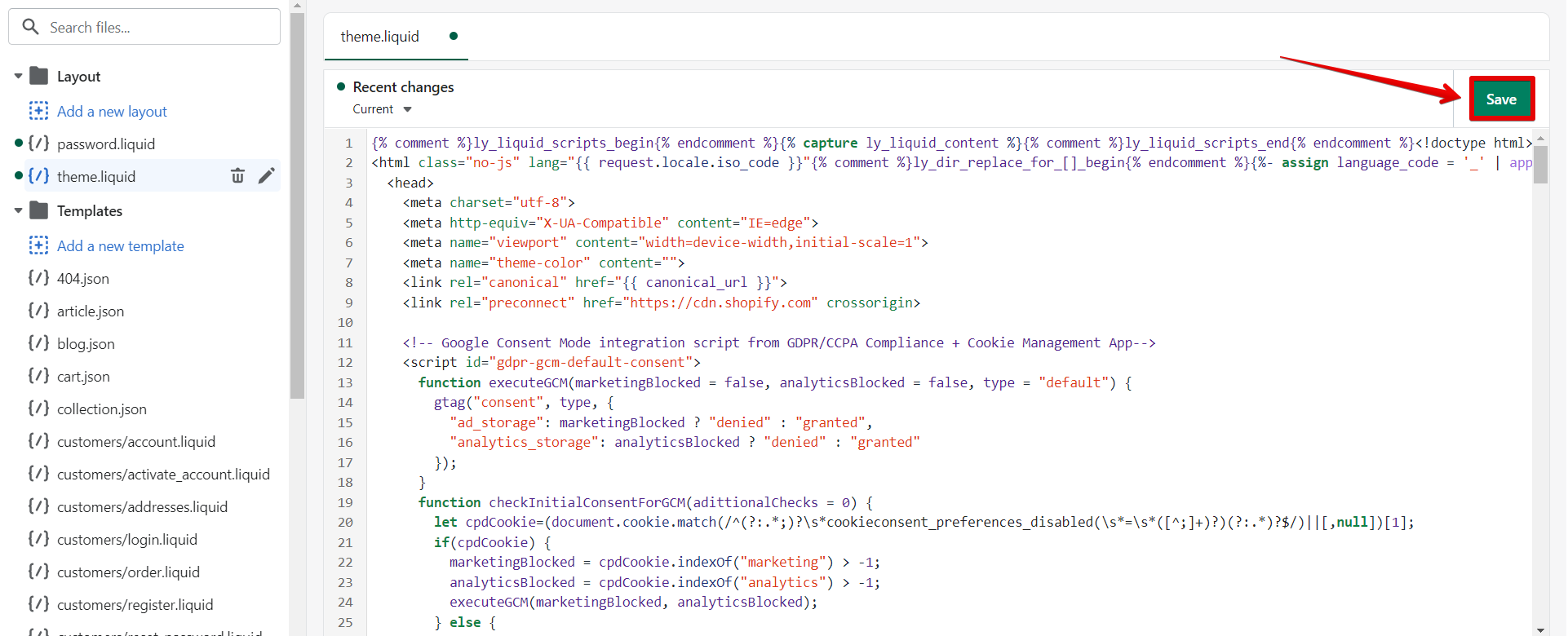Saving the changes in the theme.liquid file