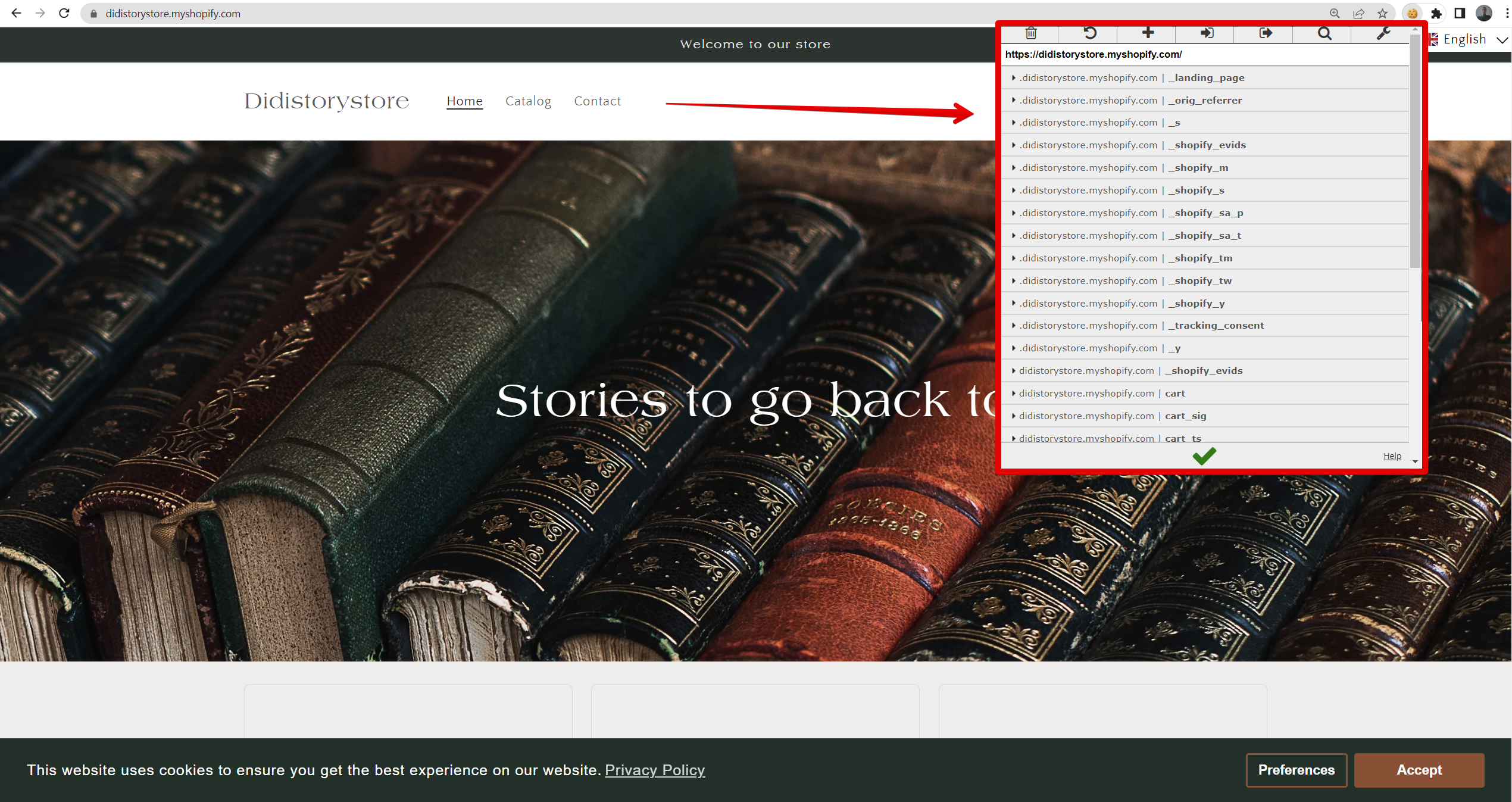 How the EditThisCookies extension looks like on your browser