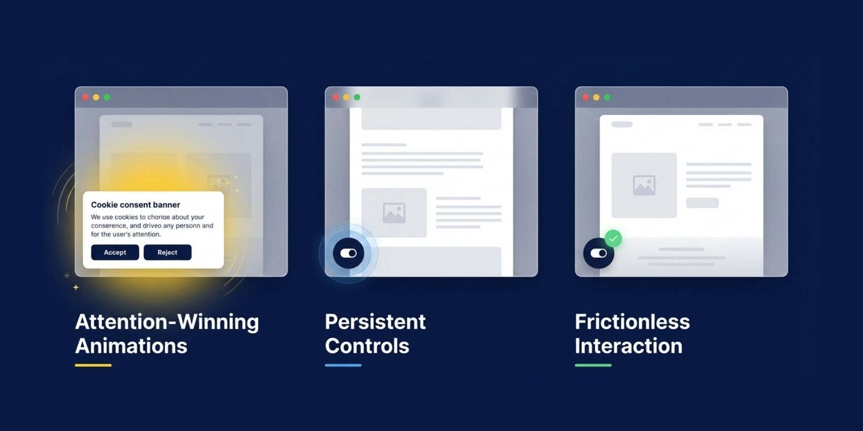 A three-part infographic highlighting Attention-Winning Animations (glowing banner), Persistent Controls (hovering toggle), and Frictionless Interaction (simplified UI).