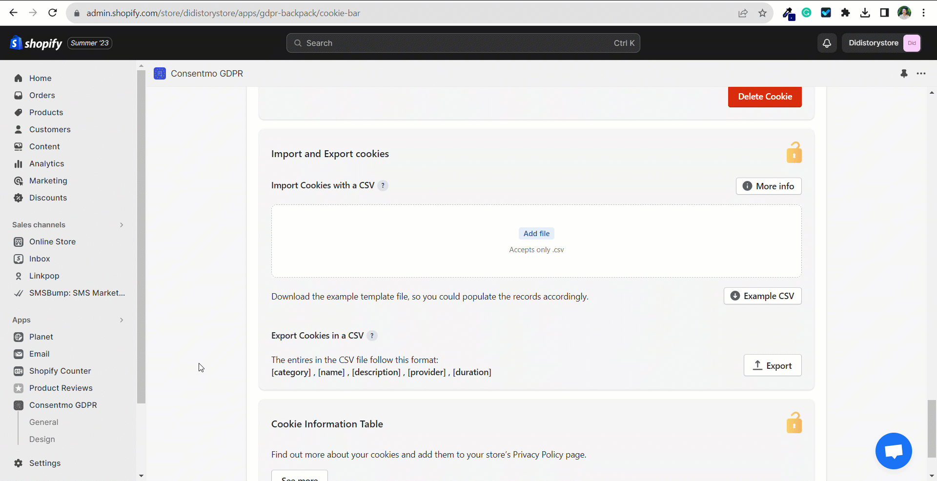How to export cookies in Consentmo
