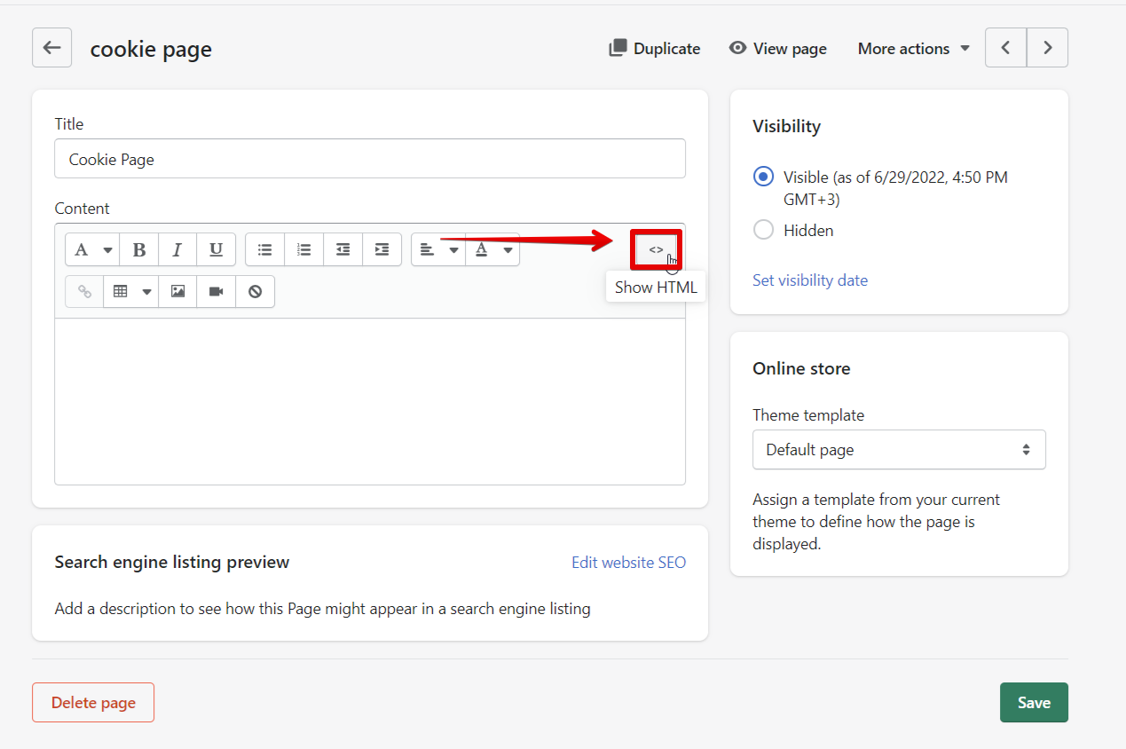 Show HTML button in Privacy Policy page