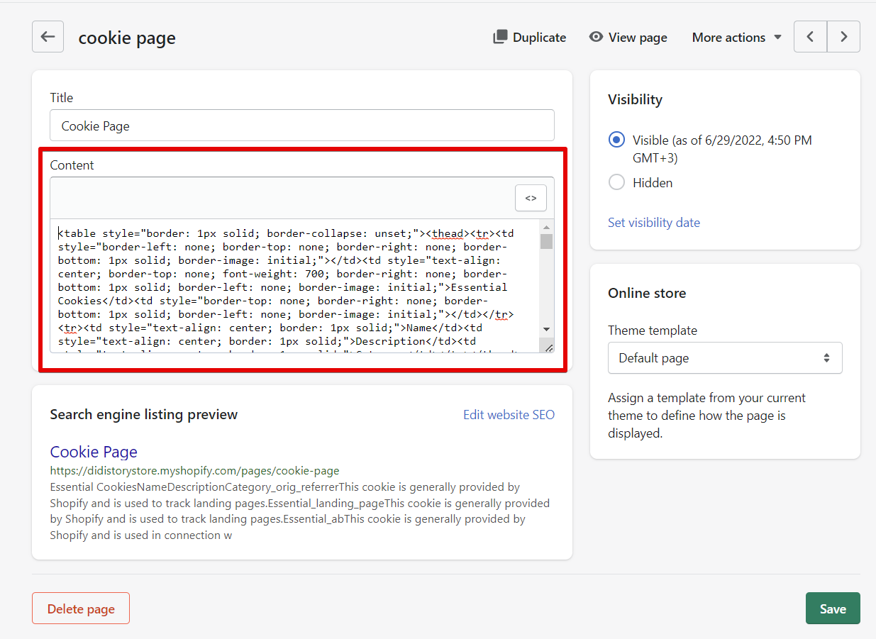 Placing the code for the Cookie table in the Policy page