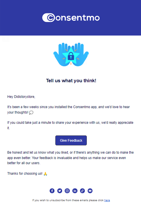 Feedback email from Consentmo to Shopify merchants