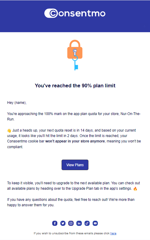 90% quota reach email from Consentmo to Shopify merchants