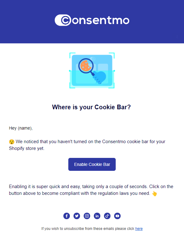 Cookie bar not enabled email from Consentmo to Shopify merchants