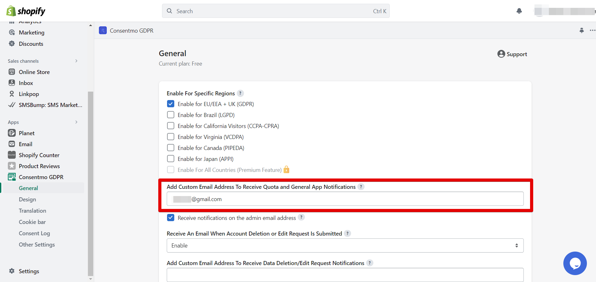 General tab of Consentmo app with the "Add custom email address" feature