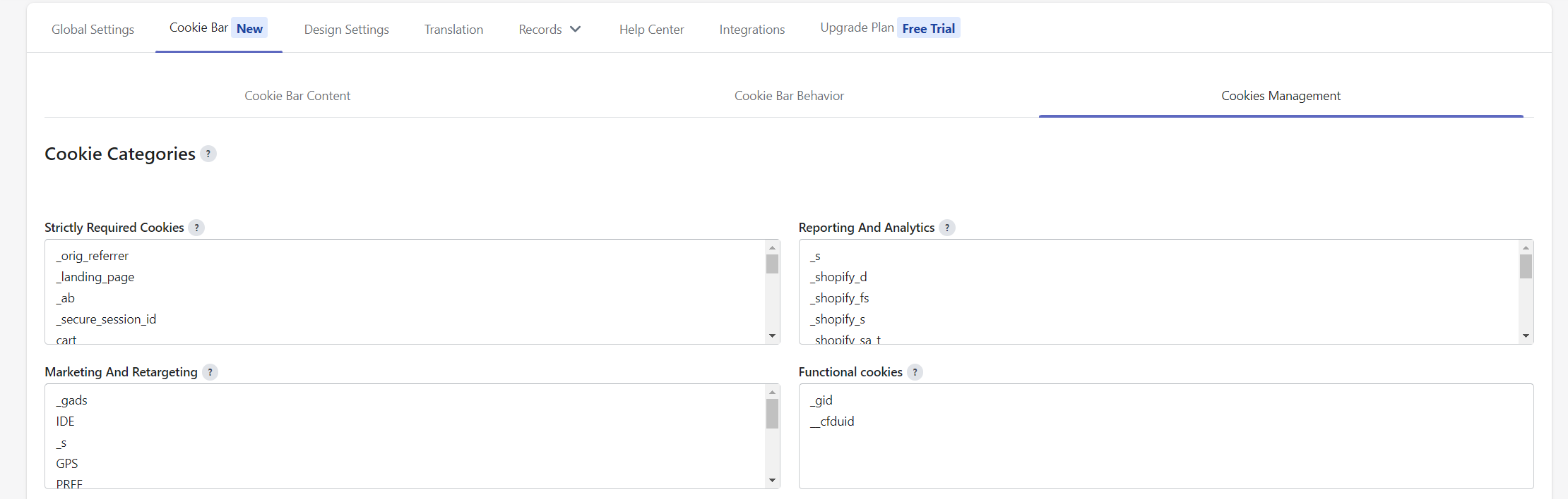 Cookie Categories where free plan users can add/edit cookies directly