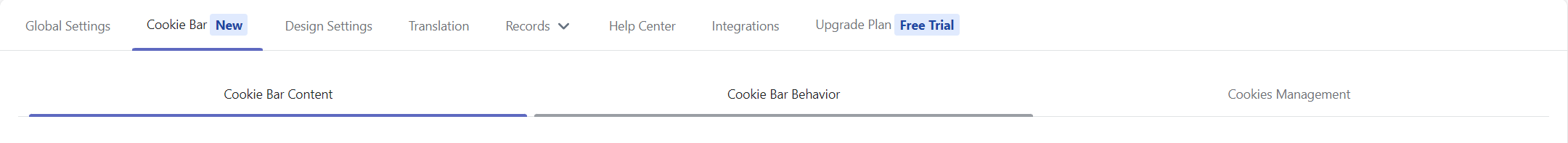 The sections in the the Cookie Bar tab