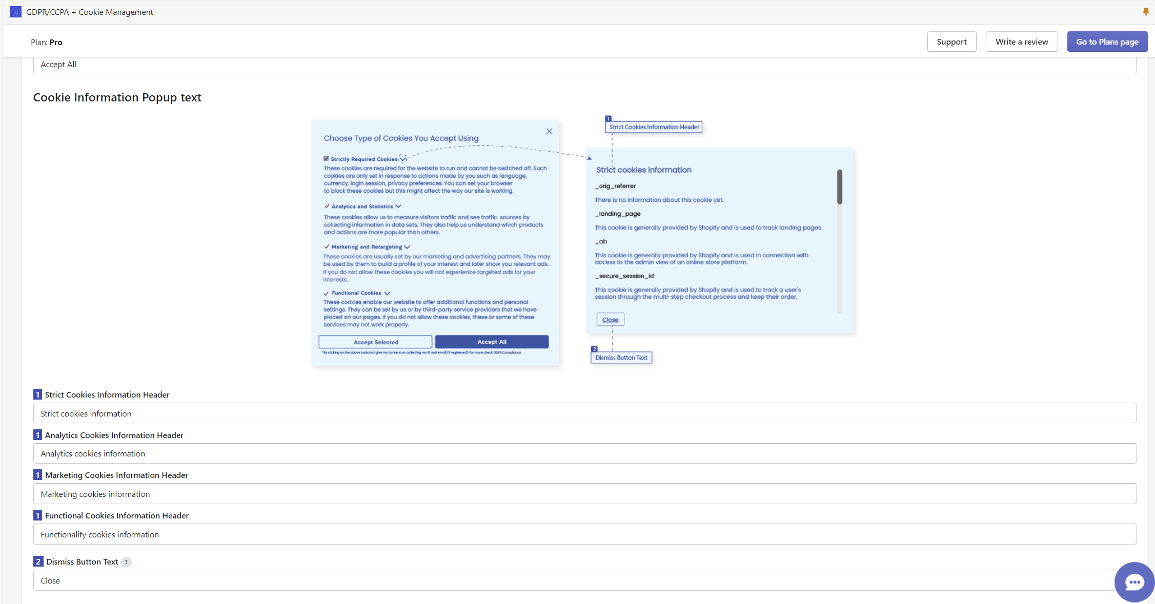 Cookie Information Popup Text area