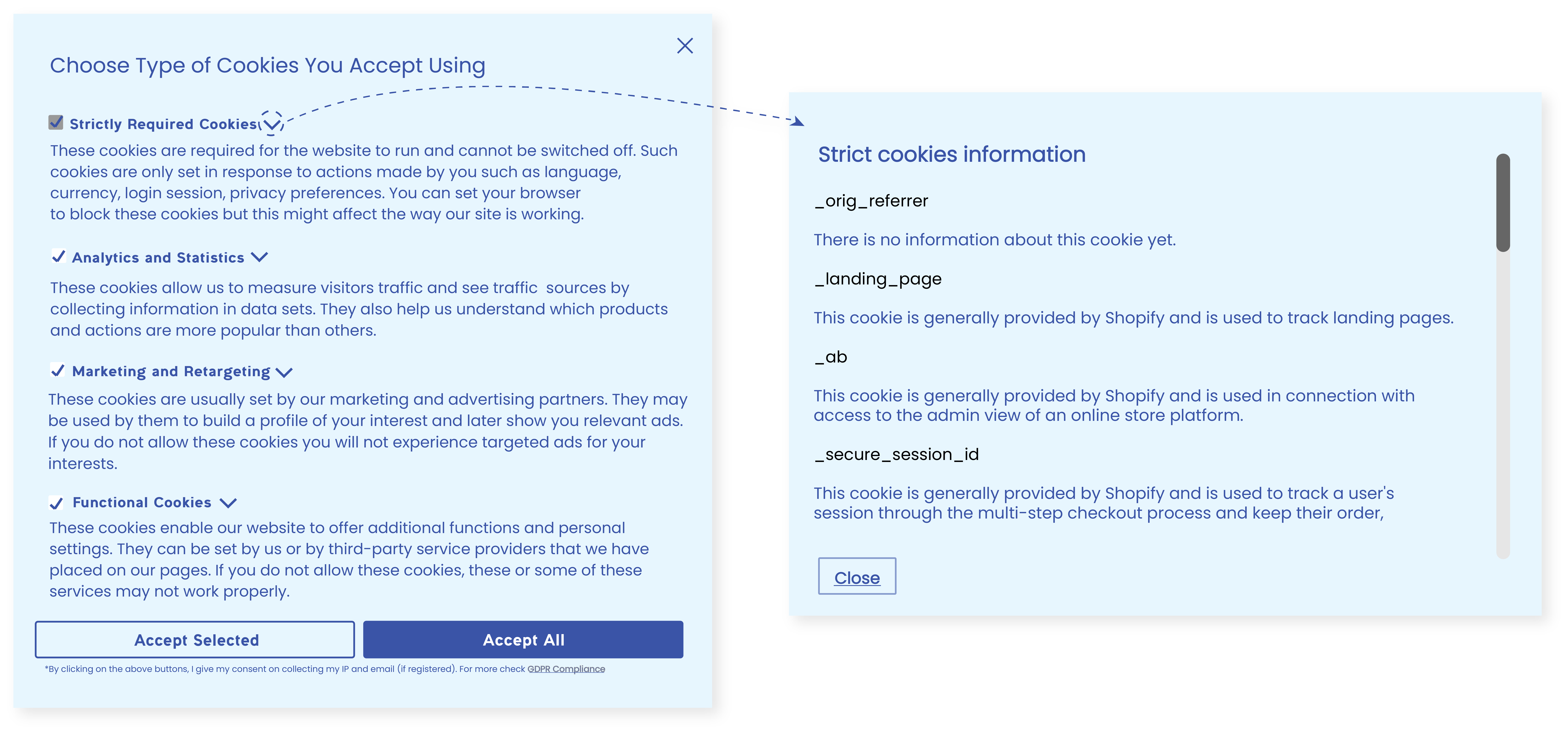 The additional cookie information in the Preferences Popup