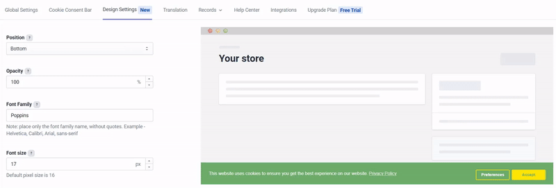 The Center and the Center Blocked Content positions of the Cookie bar