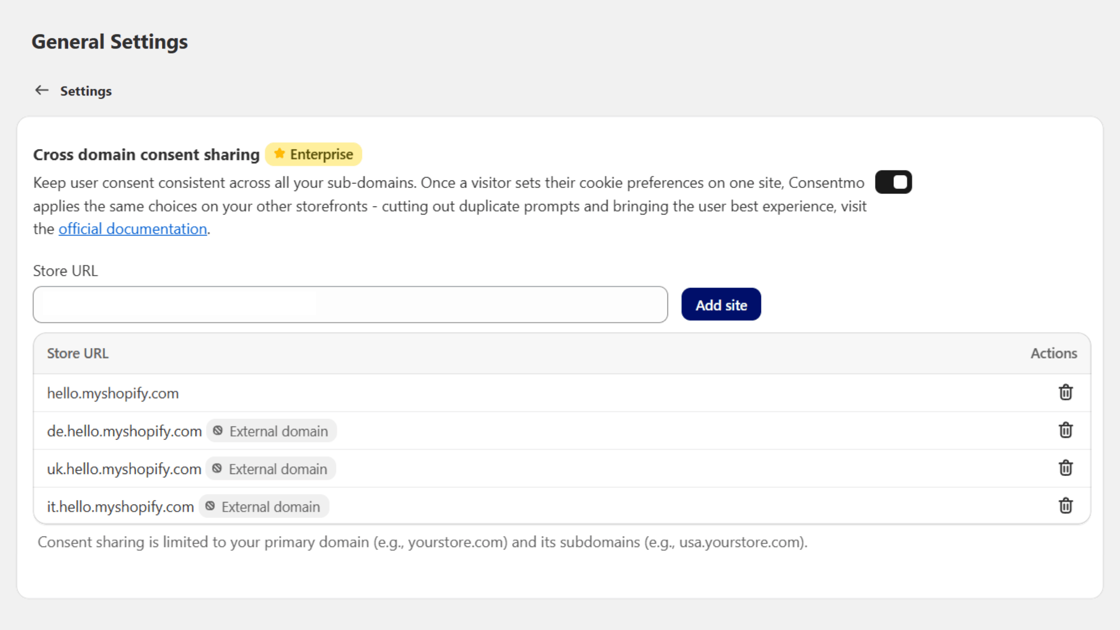 Screenshot of Cross dmain consent sharing feature inside Consentmo GDPR app.